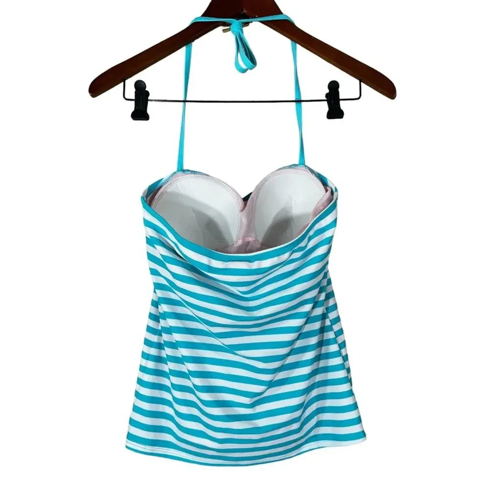 NWT Lime Ricki Bandeau Pool Stripe Tankini Top Blue Aqua White Size M Medium New - Picture 2 of 5